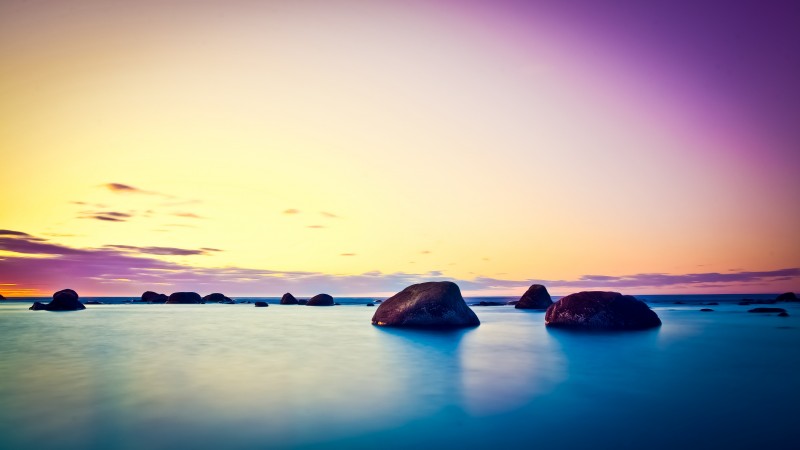 озеро, 5k, 4k, океан, море, рассвет, закат, камень, облака, небо, розовый, голубой, природа (horizontal)