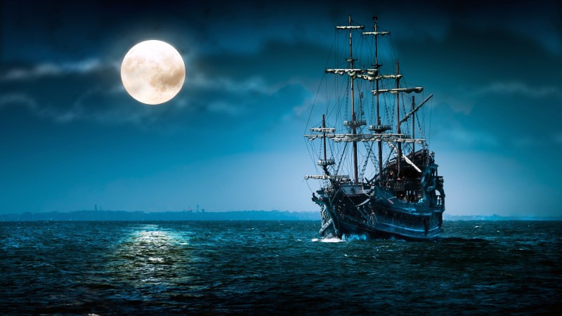 корабль, море, луна, ночь (horizontal)