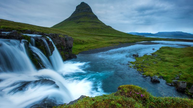 Снайфедльснес, 5k, 4k, Исландия, водопад, горы, река,  (horizontal)