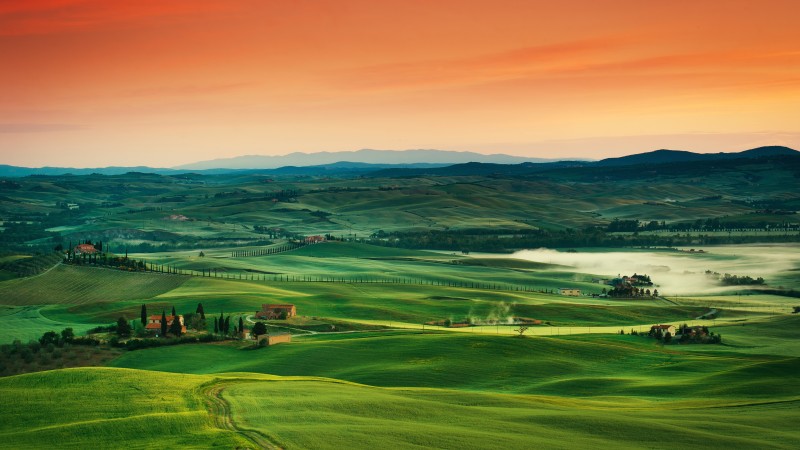 Тоскана, 5k, 4k, 8k, Италия, пейзаж, деревня, поле, закат, небо, трава (horizontal)