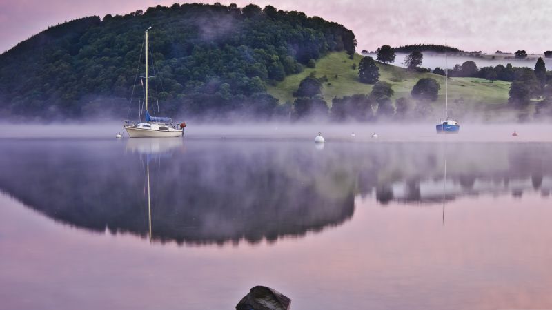 Озеро, 4k, 5k, туман, холмы, лодка, отражение (horizontal)