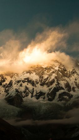 Аннапурна, 5k, 4k, Гималаи, Непал, облака, горы, закат (vertical)