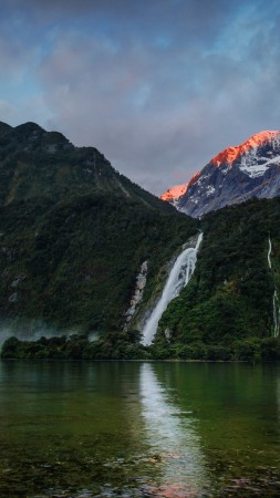 водопад, 5k, 4k, горы, закат, озеро, берег, зелень, растения, небо, облака (vertical)