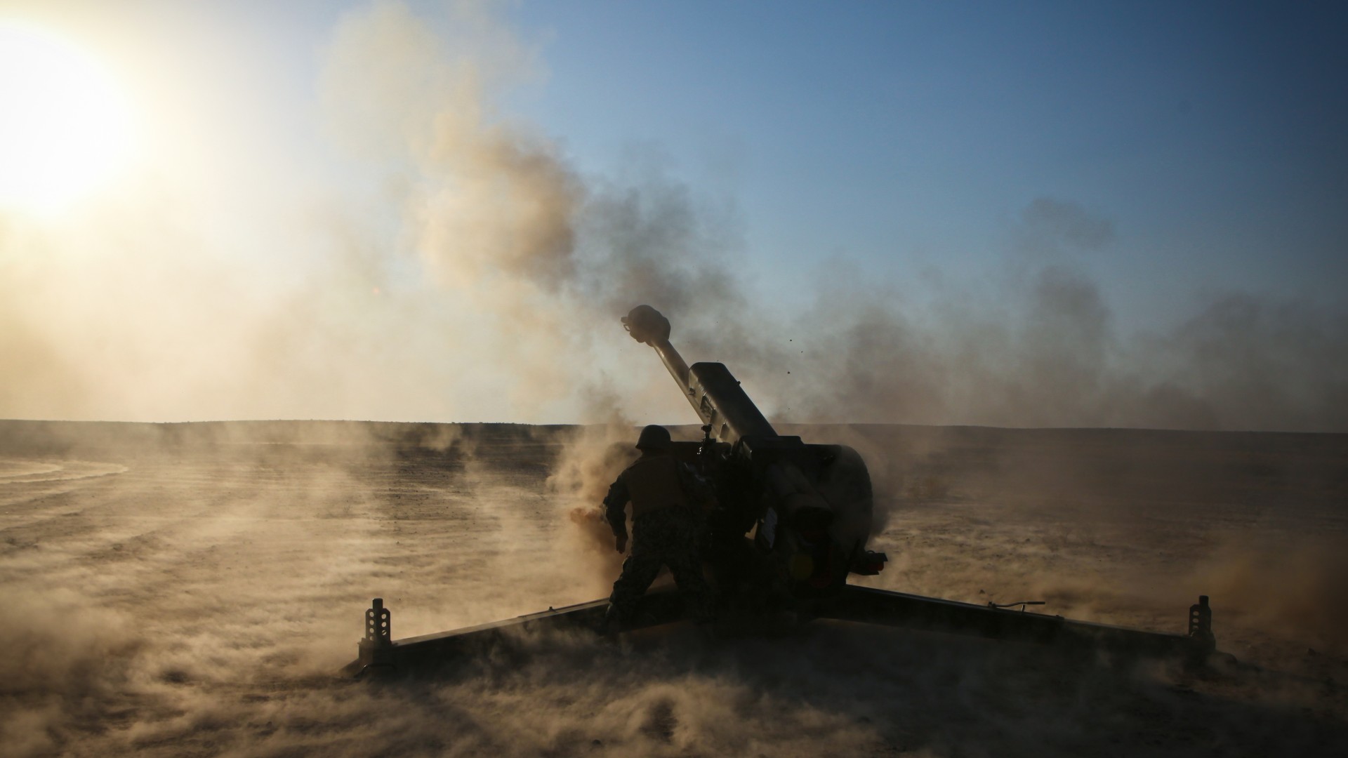 гаубица, Д-30, 122-мм, артиллерия, D-30, howitzer, 2A18, 122-mm, artillery, weapon, firing, desert, sand (horizontal)