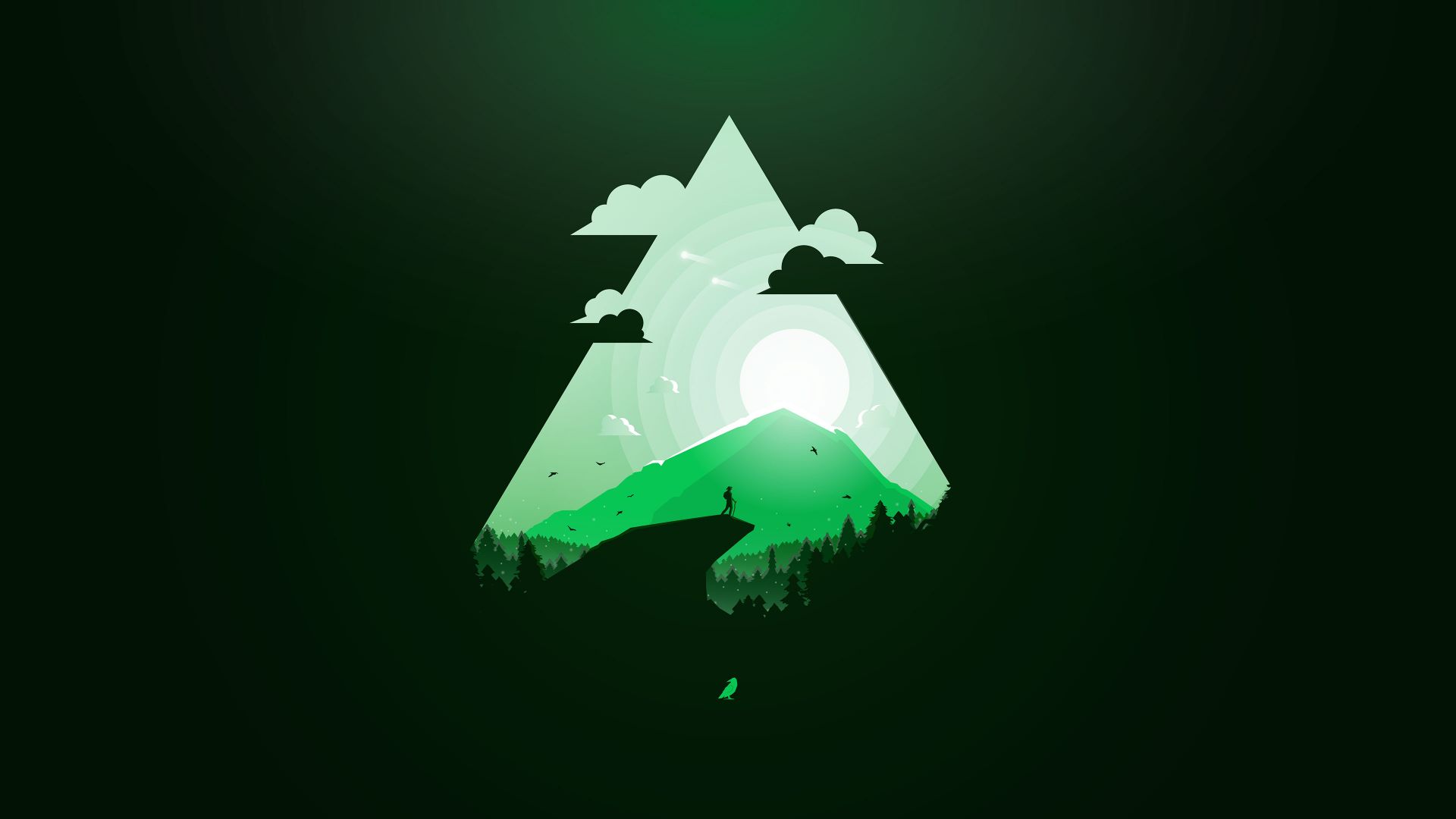 гора, солнце, mountain, sun, green, triangle, 4k (horizontal)