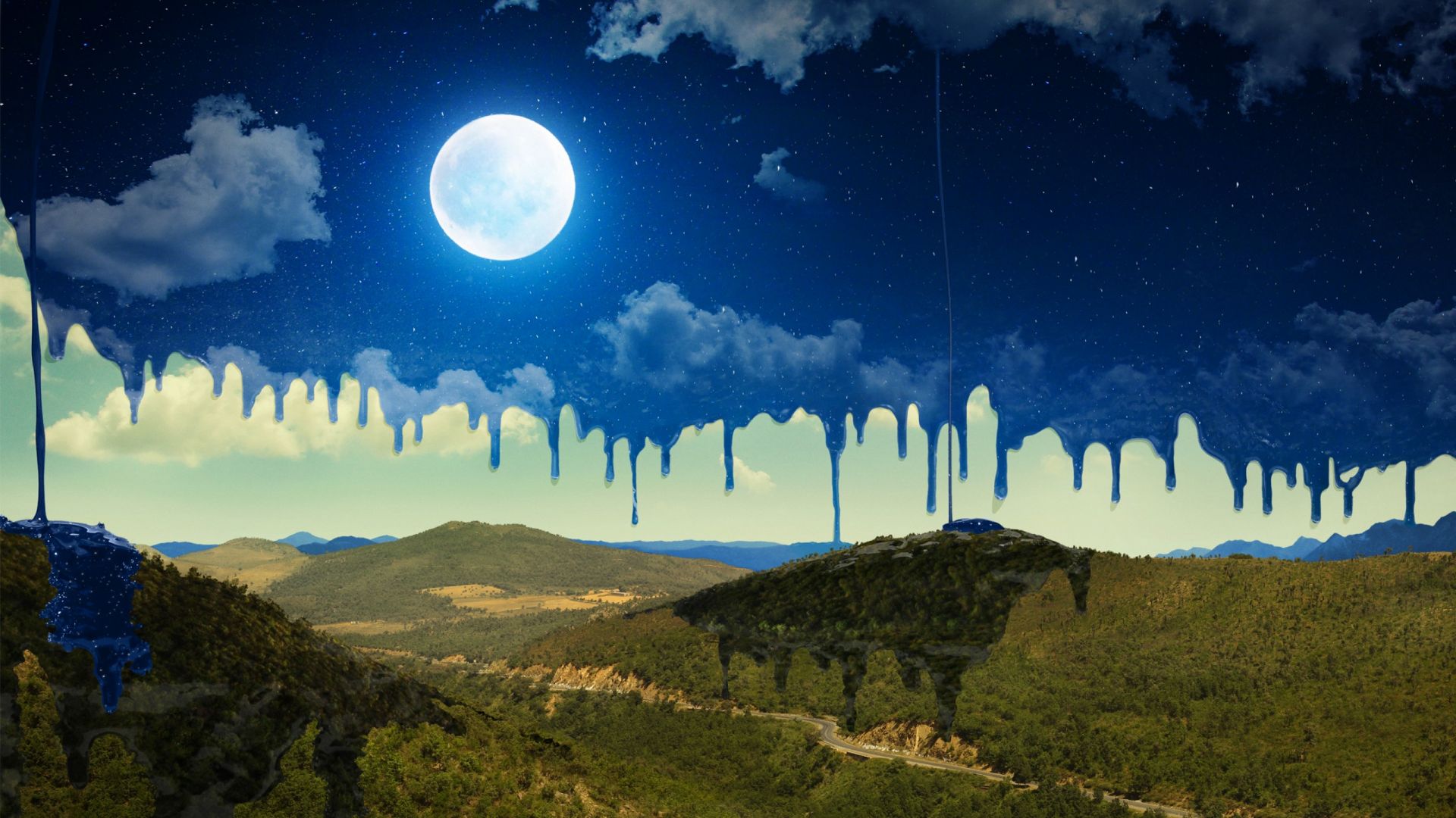 луна, горы, moon, mountains, night, art, HD (horizontal)