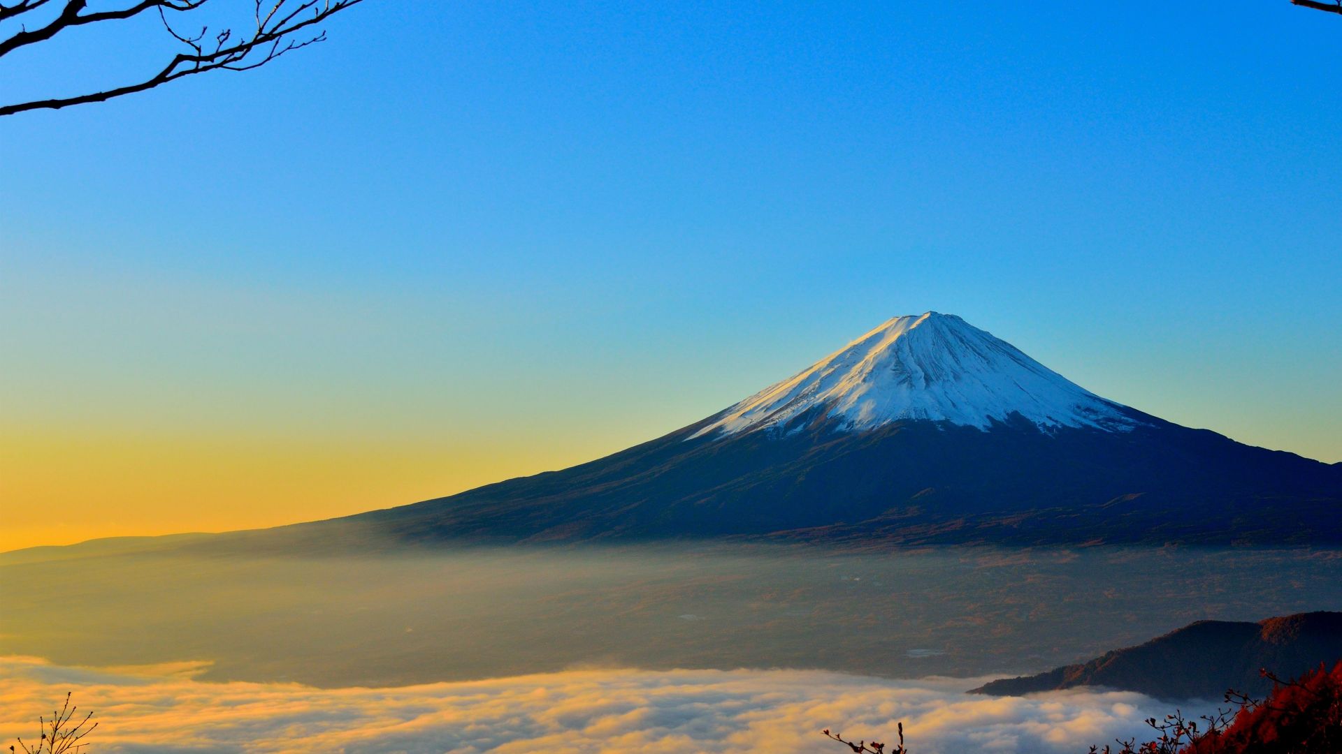 вулкан, Фудзияма, Япония, горы, volcano, Fuji, Japan, mountains, fog, 4k (horizontal)