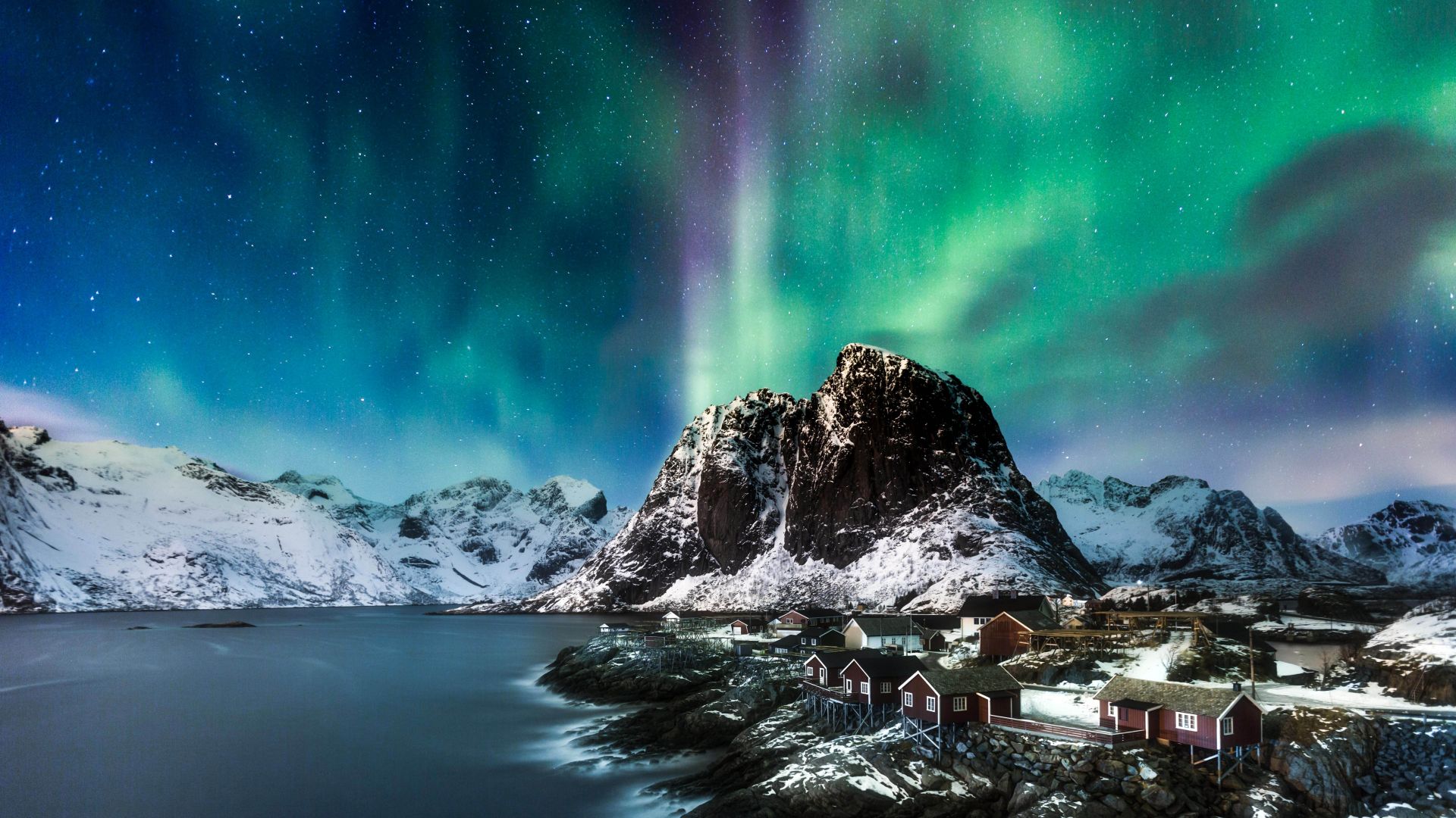 Норвегия, Лофотенские острова, северное сияние, Norway, Lofoten islands, Europe, Mountains, sea, night, northern lights, 5k (horizontal)