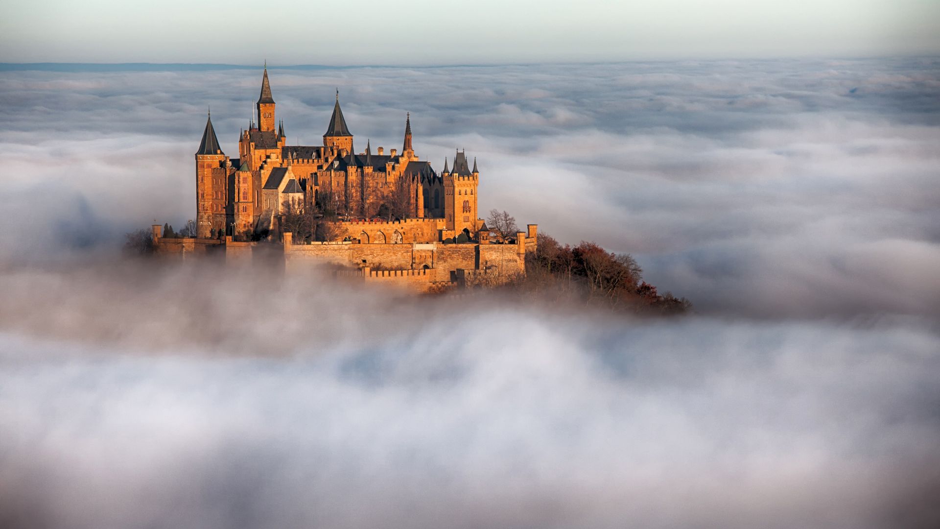 Замок Гогенцоллерн, Hohenzollern Castle, Germany, Europe, fog, 4k (horizontal)