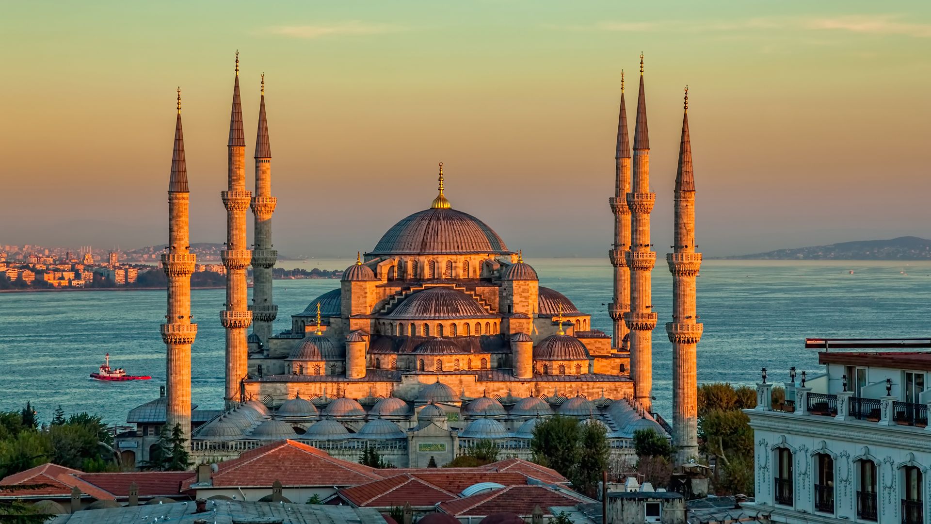 Голубая мечеть, Sultan Ahmed Mosque, Turkey, Istanbul, sunrise, 4k (horizontal)