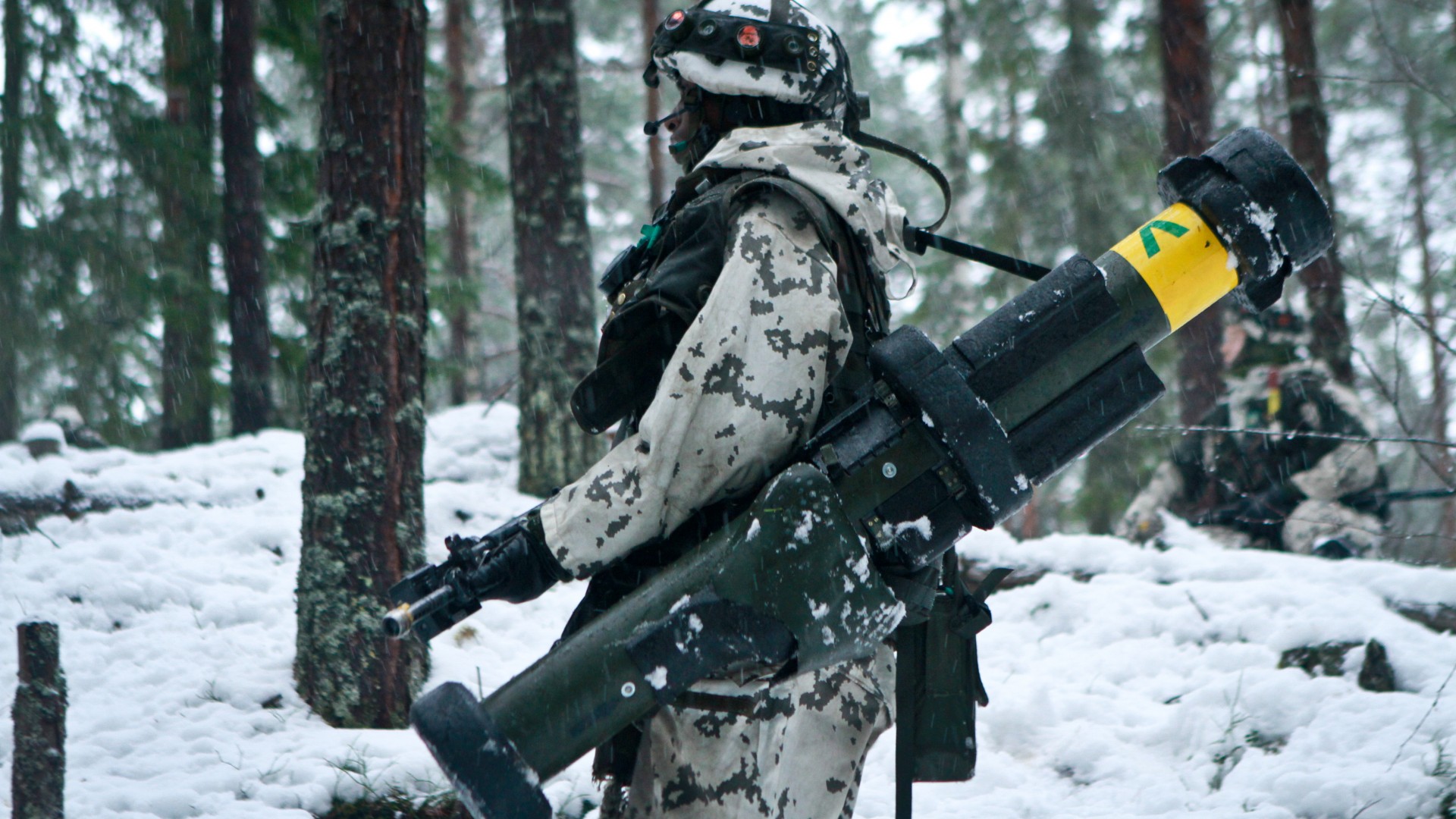 солдат, зима, ракетница, снег, army, soldier, Finnish Defence Forces, rocket launcher, winter, snow, camo (horizontal)