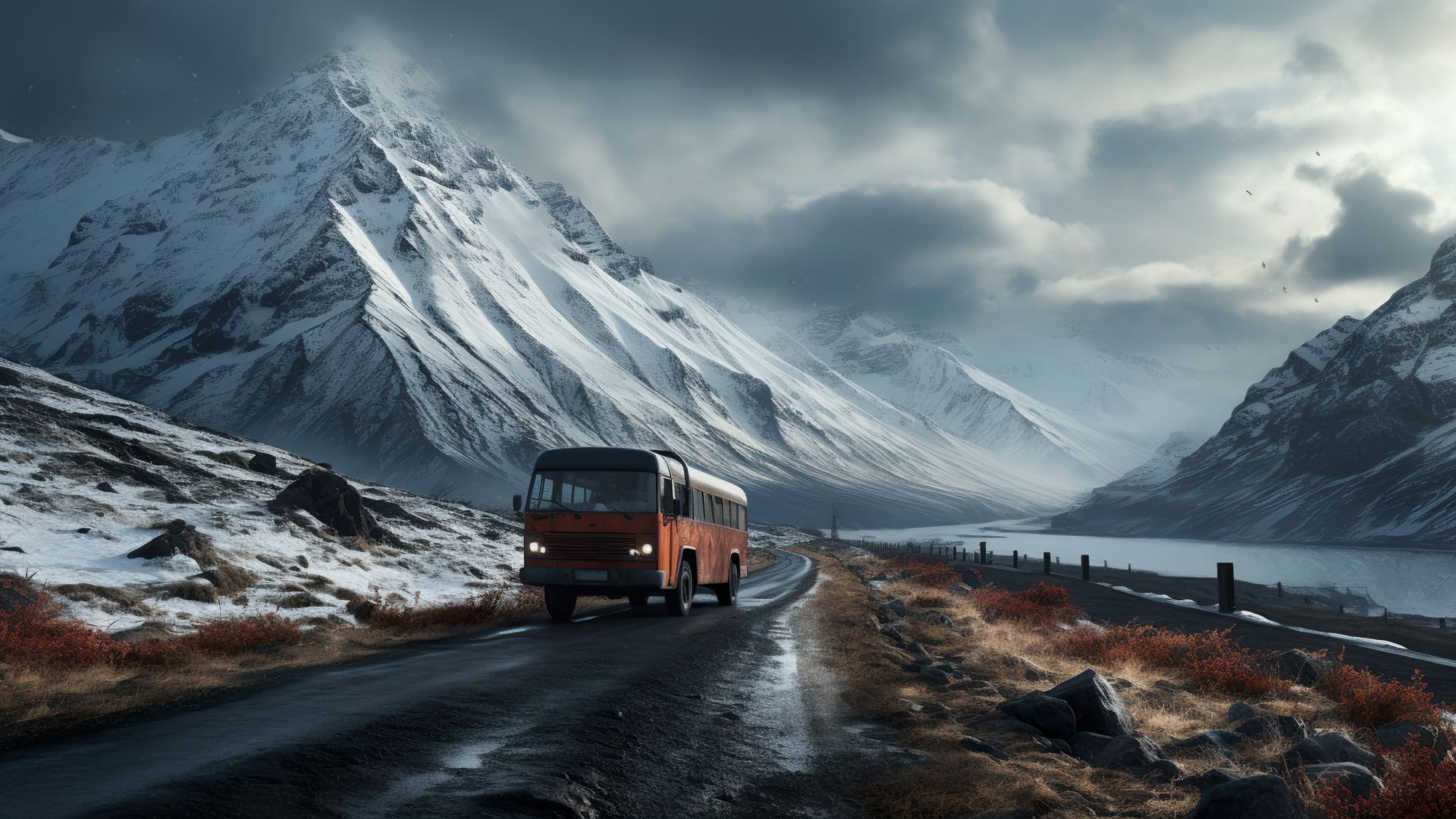 дорога, снег, горы, road, ice, snow, mountains, 4K (horizontal)