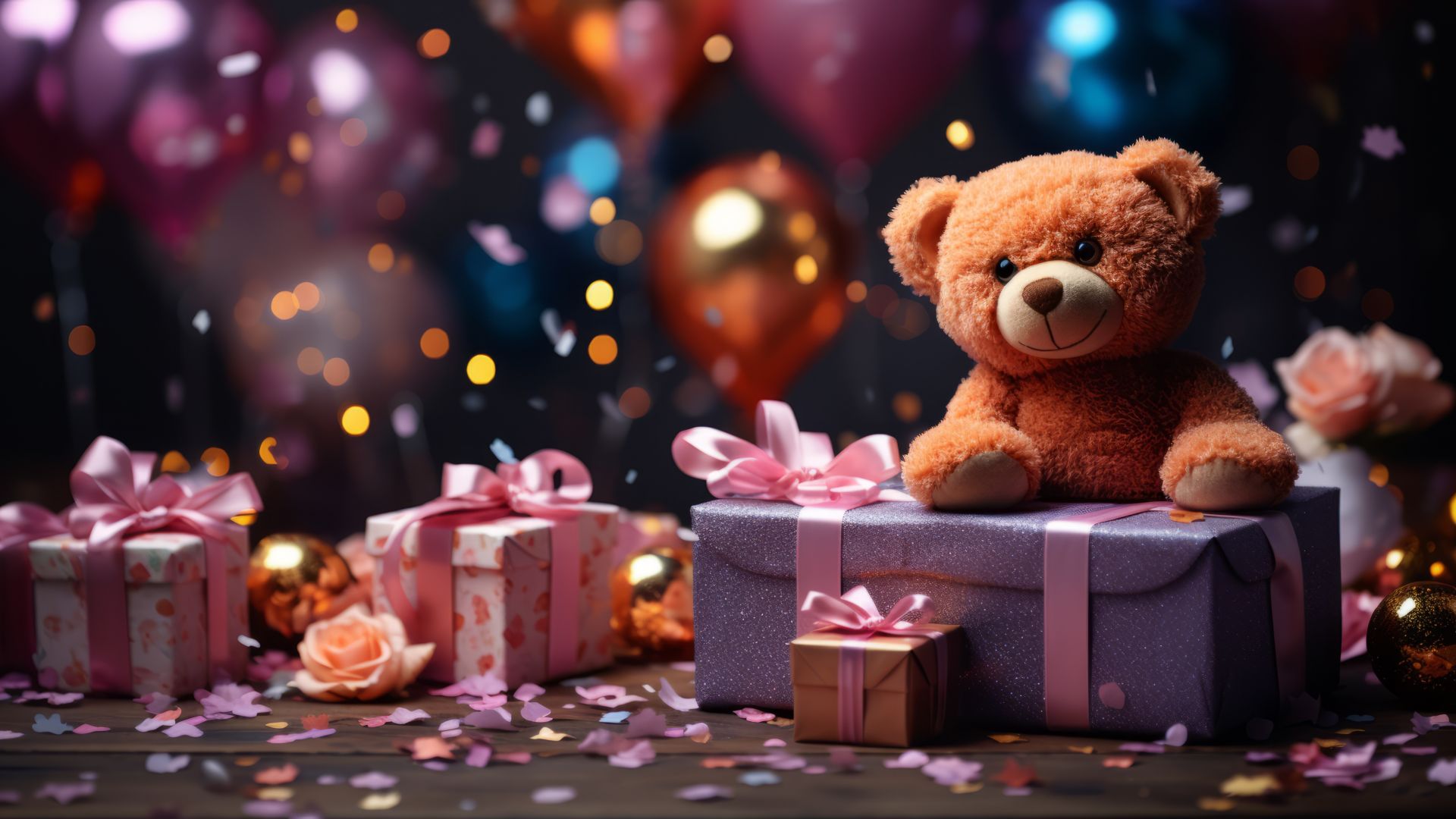 День рождения, Birthday background, balloons, cake, gifts (horizontal)