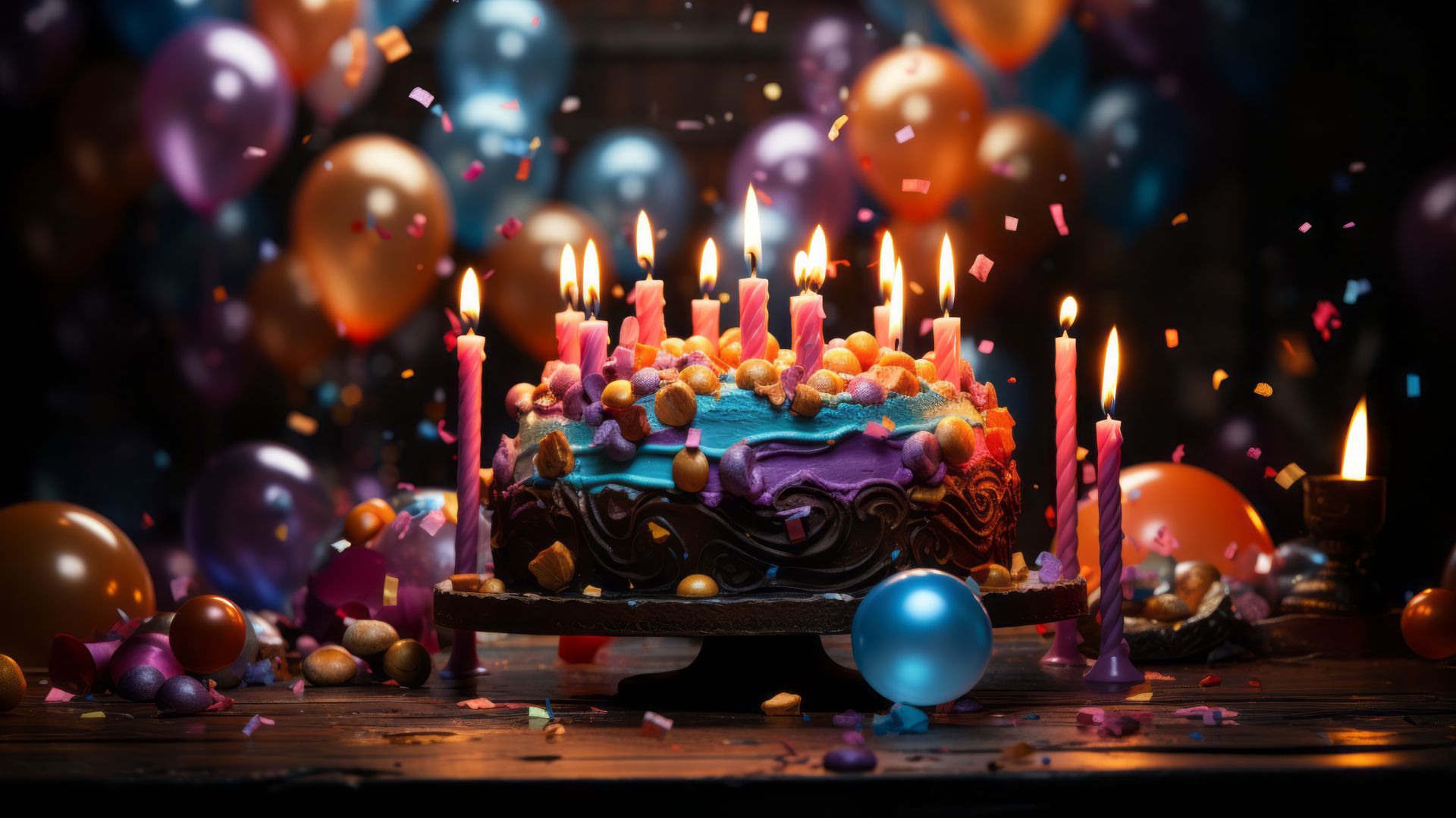 День рождения, Birthday background, balloons, cake, gifts (horizontal)