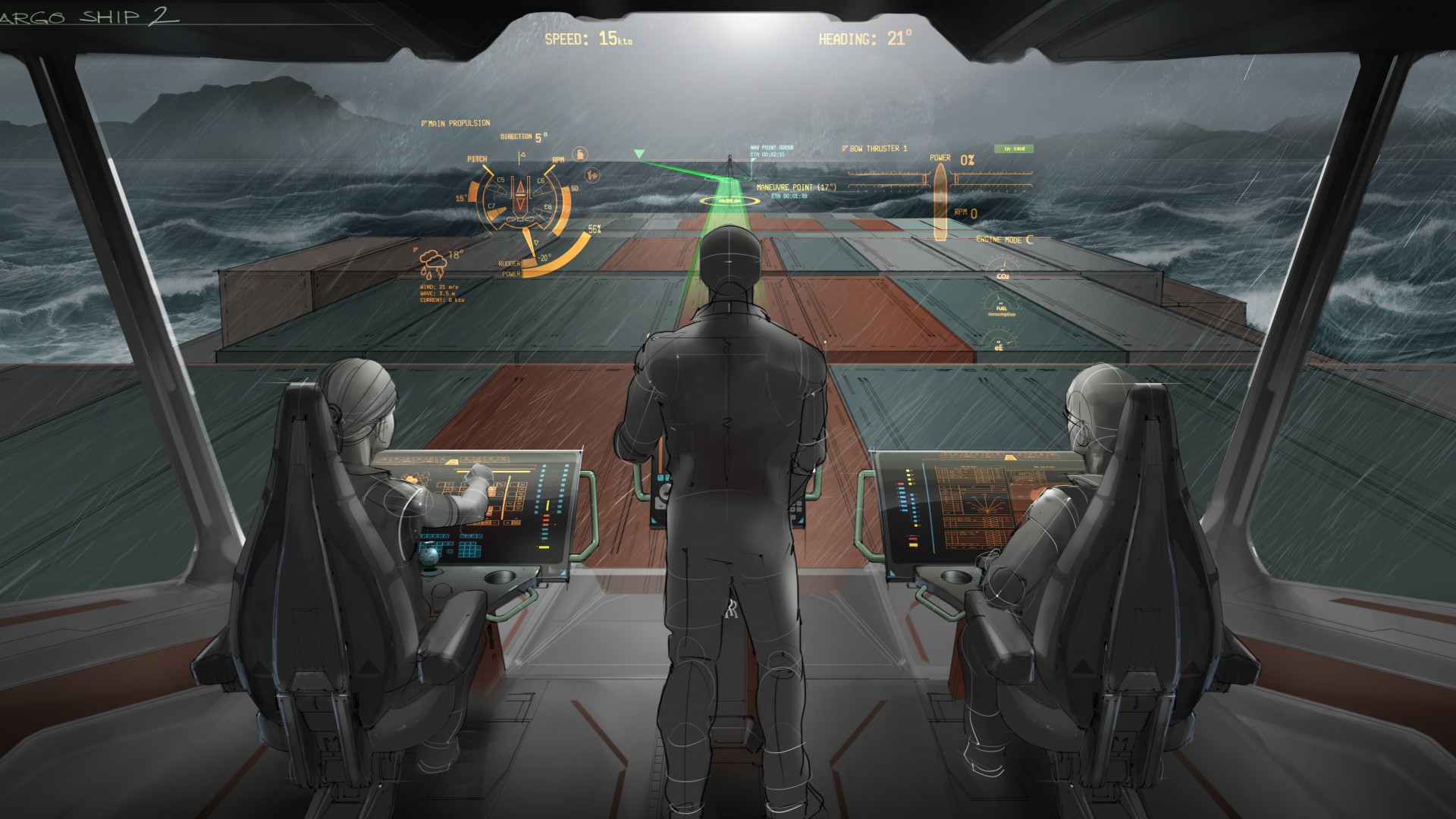 навигация грузового судна, 2025, будущее, капитанский мостик, cargo ship envisioning, 2025, future, illustration, bridge, containers (horizontal)