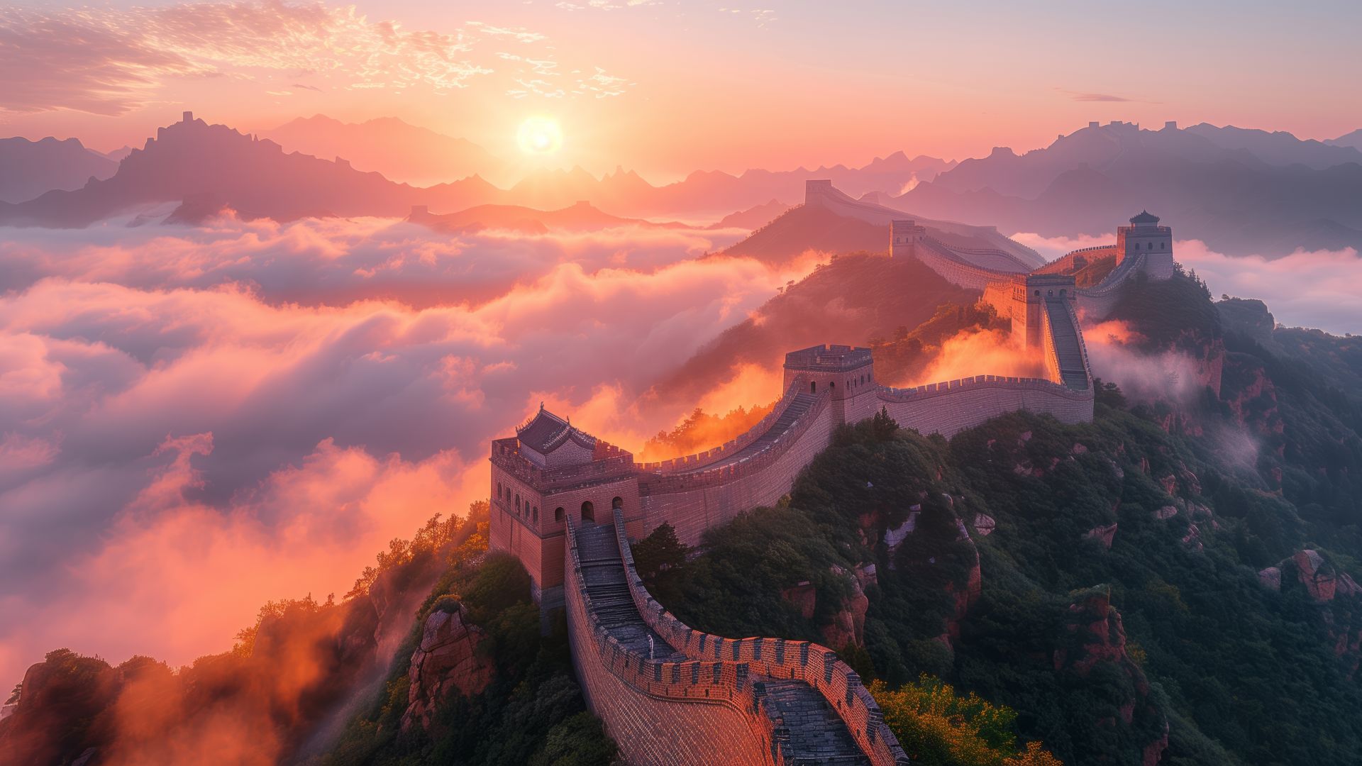 Chinese wall, mountains, sunset (horizontal)