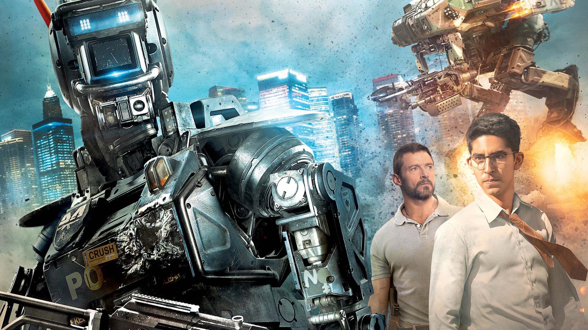 Робот по имени Чаппи, кино, фильм, робот, Хью Джекман, Chappie, Best Movies of 2015, Hugh Jackman, Dev Patel, poster, wallpaper, robot, gun (horizontal)