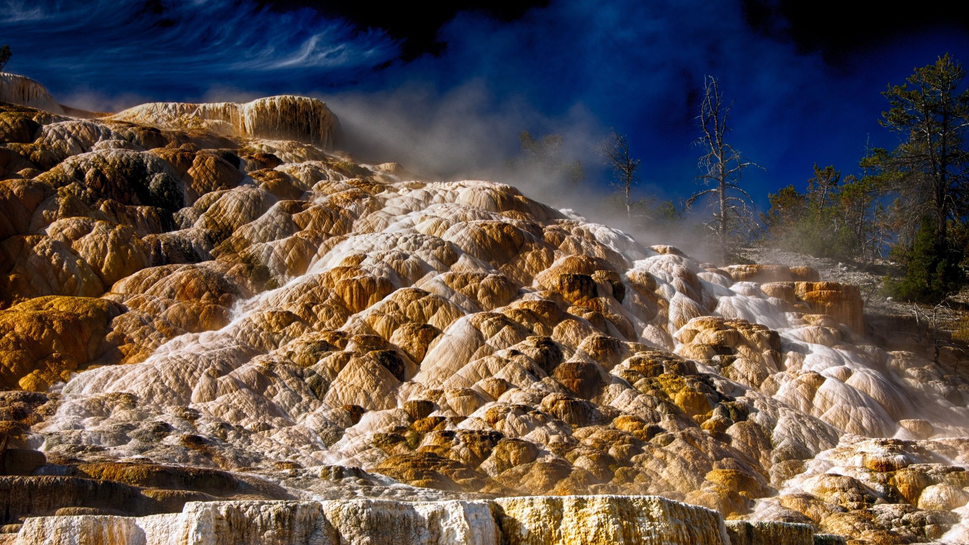 Мамонтовы горячие источники, 4k, HD, Йеллоустоун, Дакота, Mammoth hot springs, 4k, HD wallpaper, Yellowstone, National Park, Dakota (horizontal)