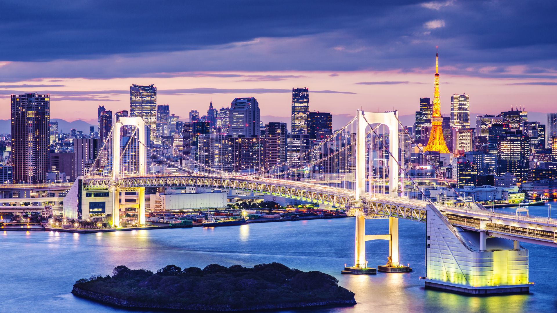 Токийский залив, Япония, мост, ночь, путешествия, туризм, Tokyo Bay, Japan, bridge, night, travel, tourism (horizontal)