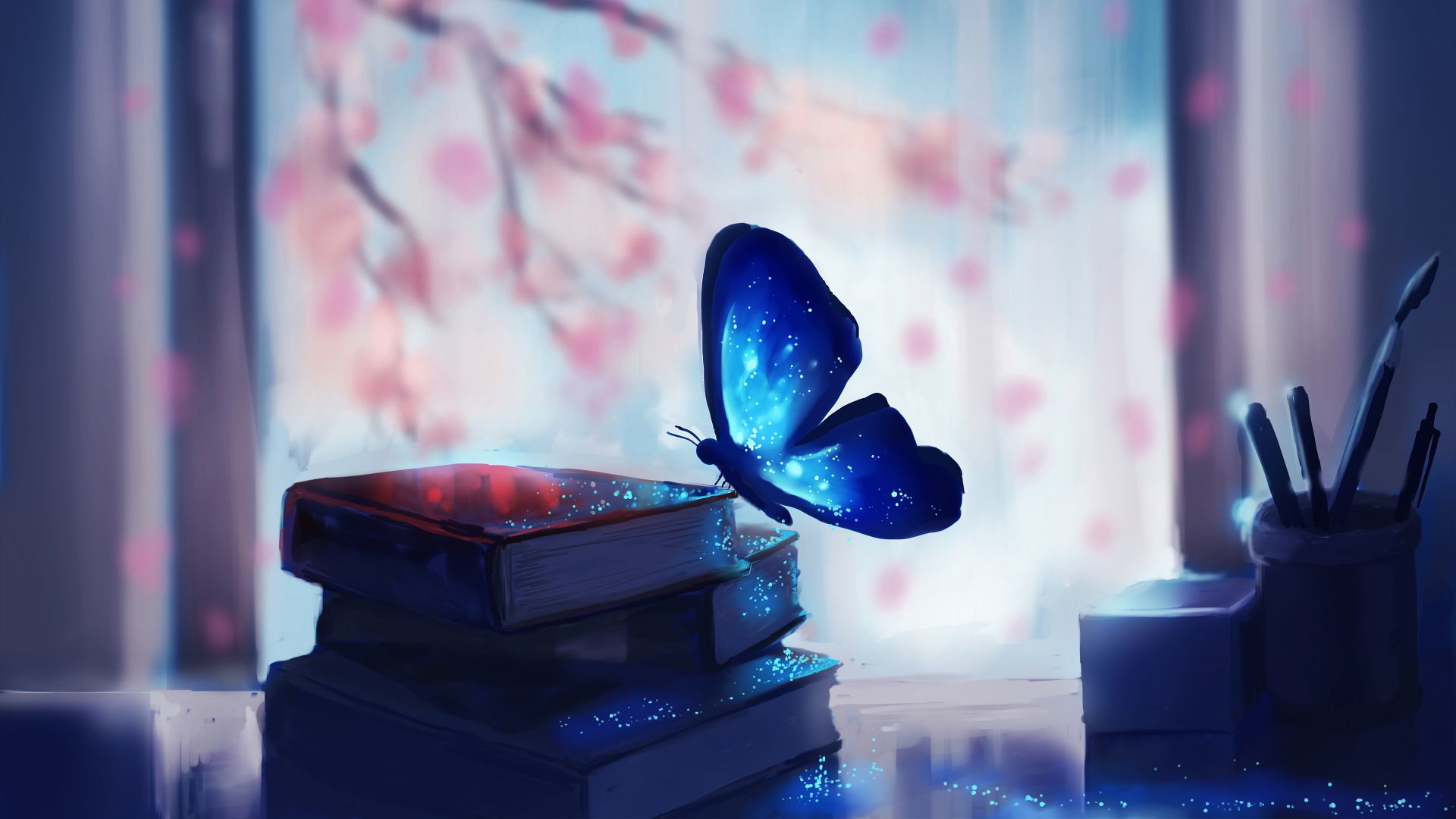 Бабочка, книги, магия, арт, Butterfly, books, magic, art (horizontal)