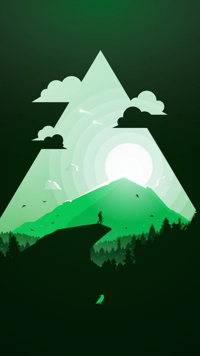 гора, солнце, mountain, sun, green, triangle, 4k (vertical)