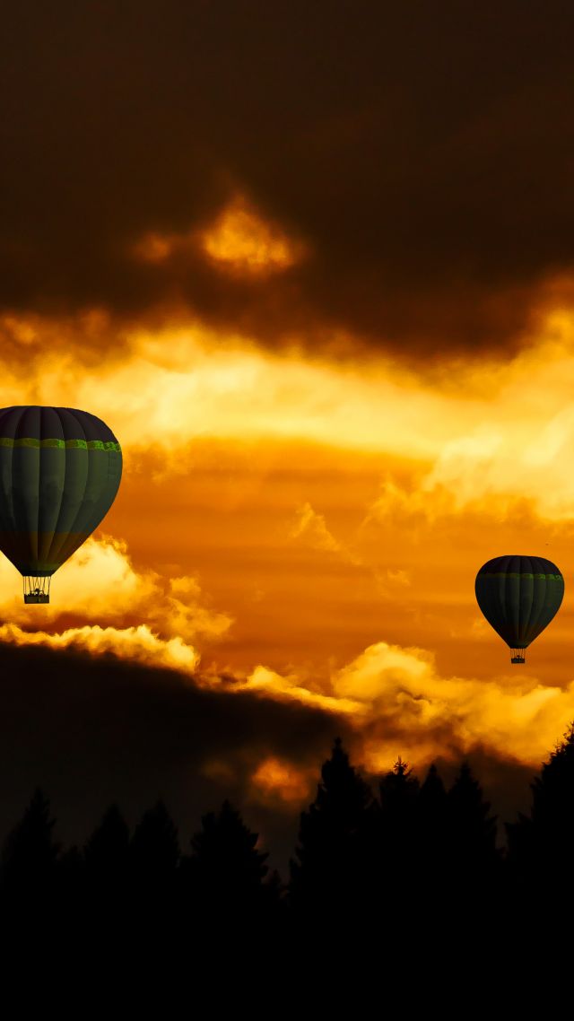облака, воздушный шар, закат, clouds, sky, balloon, forest, sunset, 8k (vertical)