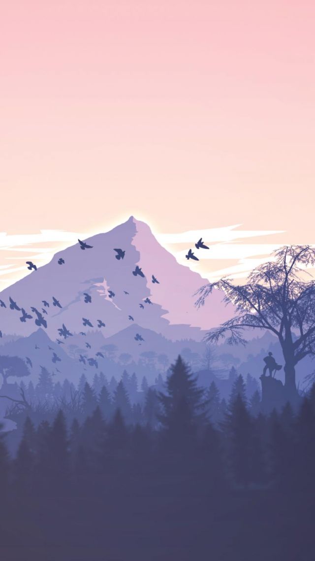 лес, горы, forest, mountains, violet, birds, art, HD (vertical)