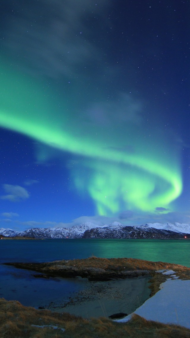 северное сияние, зима, northern lights, Norway, lake, winter, 5k (vertical)