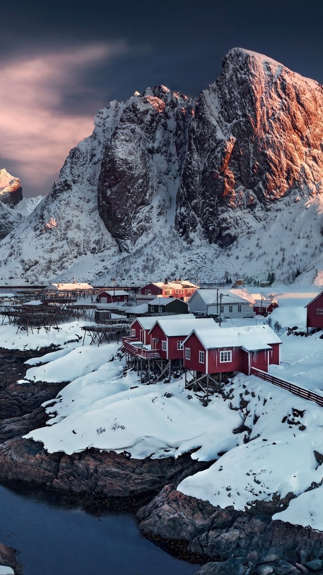 Норвегия, 4k, HD, деревня, снег, village, 4k, HD wallpaper, Hamnoy, Norway, sunset, water (vertical)