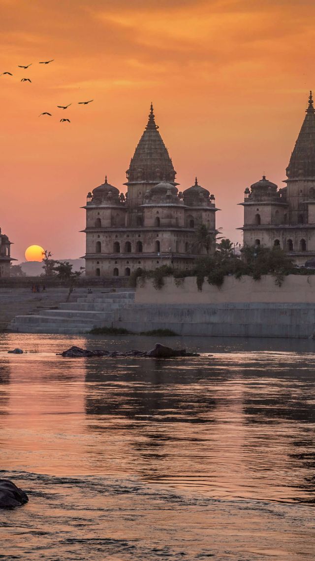закат, река, Orchha, Madhya Pradesh, India, sunset, river, 4K (vertical)