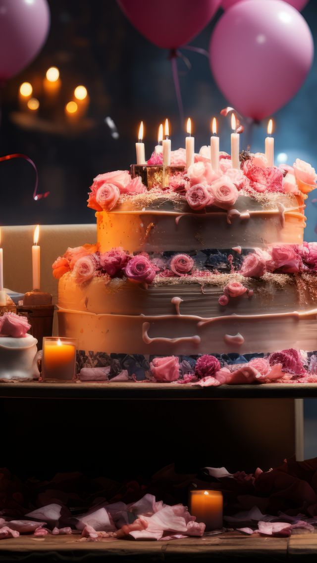 День рождения, Birthday background, balloons, cake, gifts (vertical)