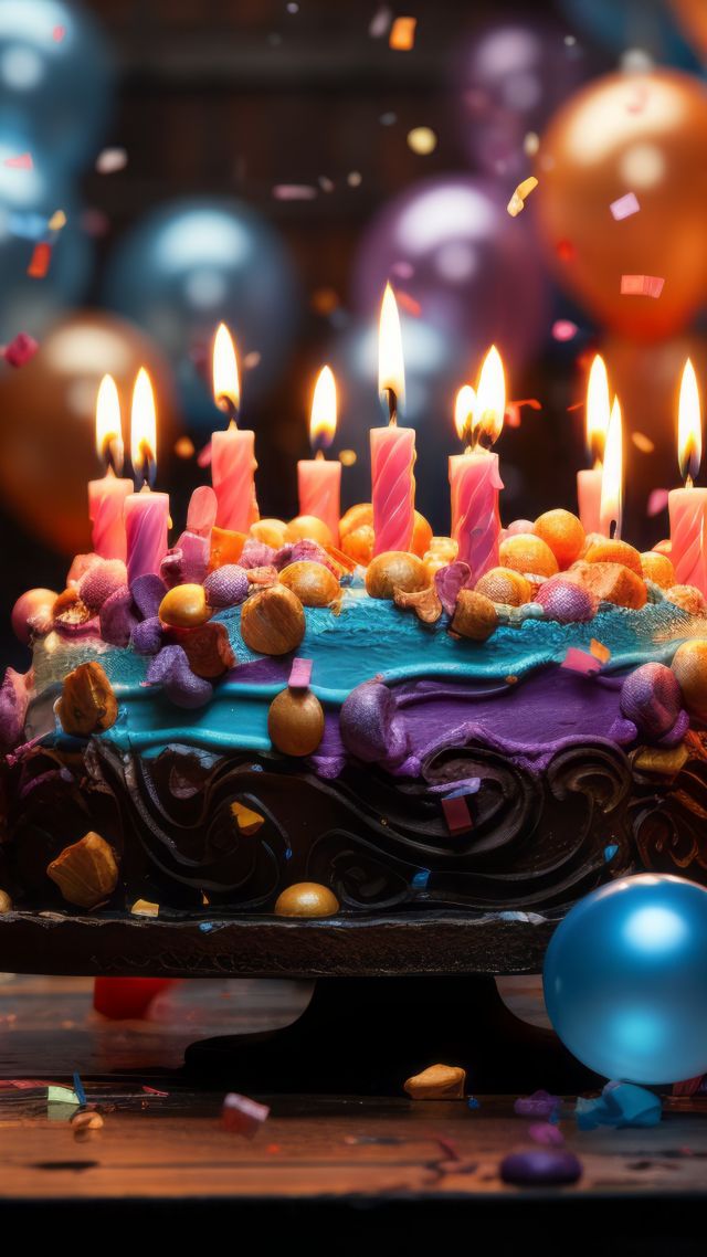 День рождения, Birthday background, balloons, cake, gifts (vertical)