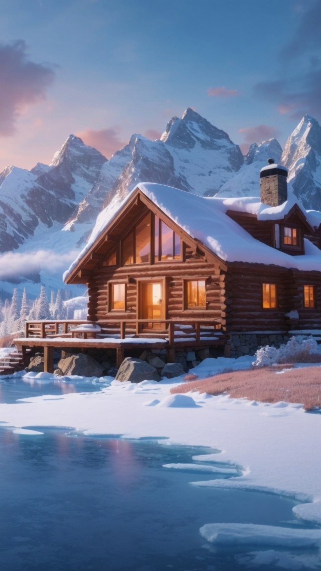 winter, house, lake, sunset, windows 12 (vertical)