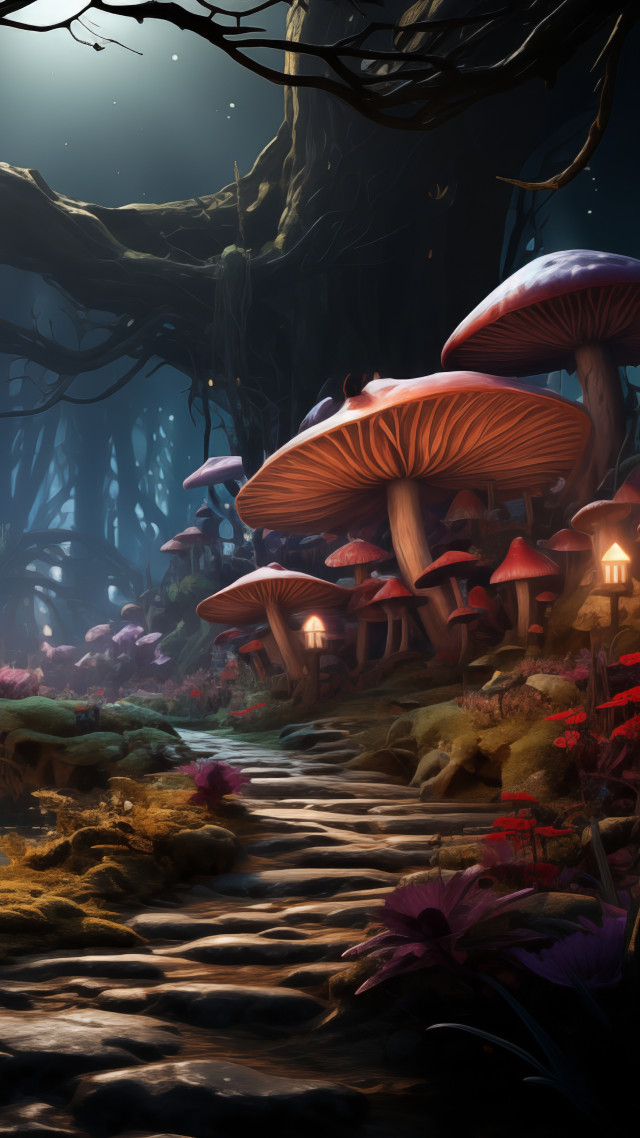 mushrooms, village, fairy tale (vertical)