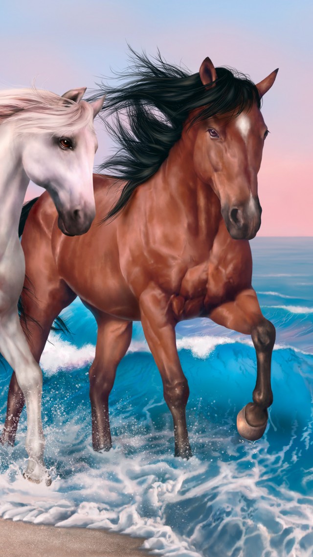 кони, лошадь, 4k, HD, океан, море, волны, horses, 4k, HD wallpaper, run, sea, ocean, sunset, white, brown (vertical)