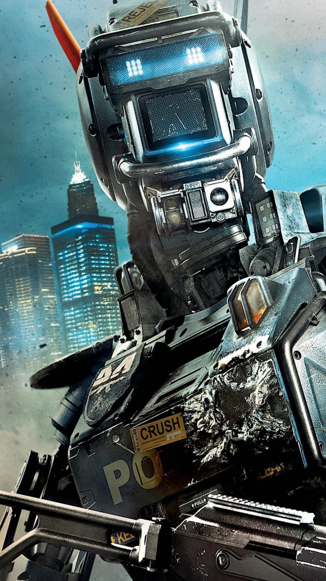 Робот по имени Чаппи, кино, фильм, робот, Хью Джекман, Chappie, Best Movies of 2015, Hugh Jackman, Dev Patel, poster, wallpaper, robot, gun (vertical)