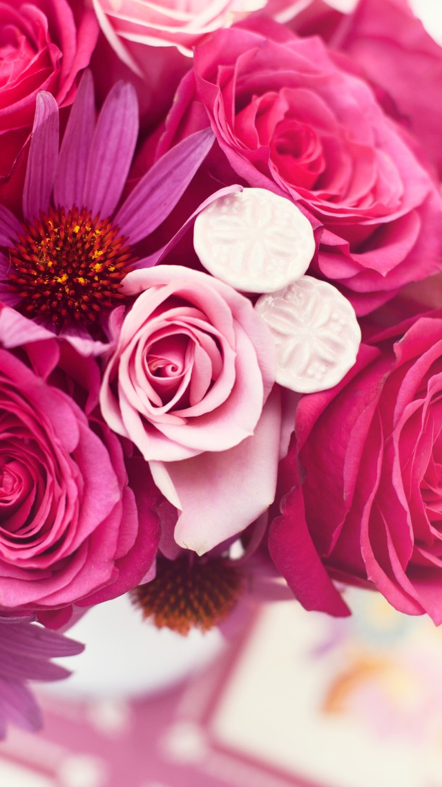 Розы, 4k, HD, Букет цветов, розовый, Garden roses, 4k, HD wallpaper, Flower bouquet, pink (vertical)