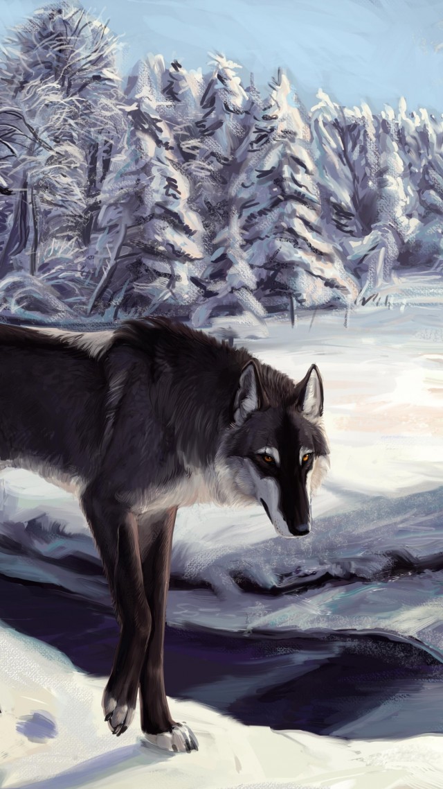 волк, зима, озеро, взгляд, серый, белый, лес, арт, иллюстрация, Wolf, winter, lake, sight, gray, white, forest, alone, art (vertical)