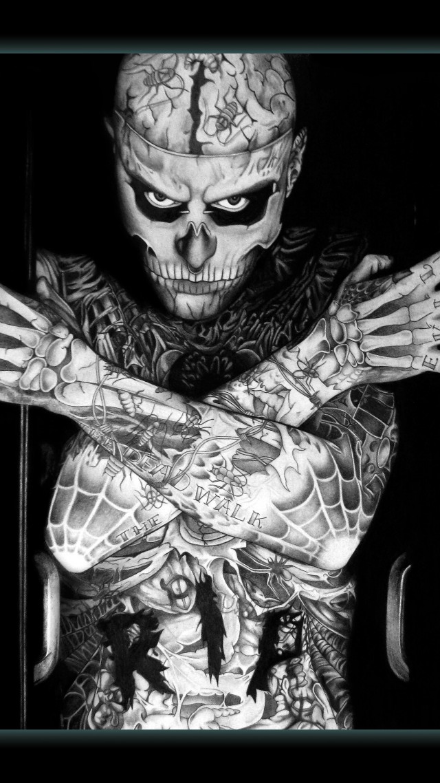 Рик Дженест, Парень-Зомби, модель, тату, скелет, Rick Genest, Zombie Boy, model, tattoo, skeleton (vertical)
