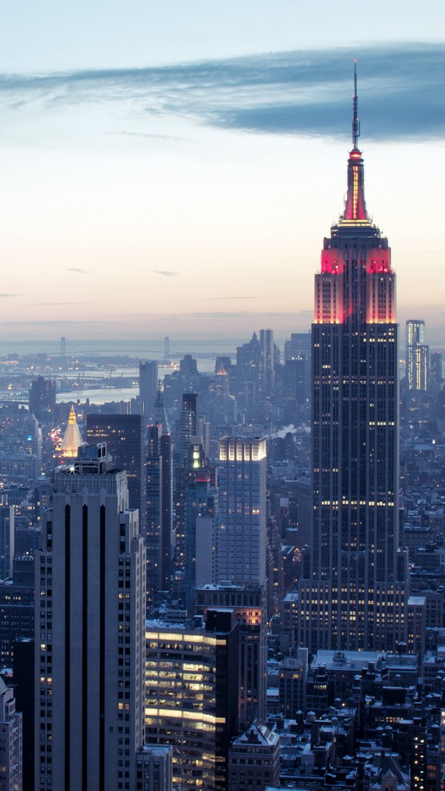 нью-йорк, нью йорк, рокфеллер центр, небо, рассвет, свет, синий, сумерки, New York, Rockefeller Center, sky, sunrise, light, blue, twilight (vertical)
