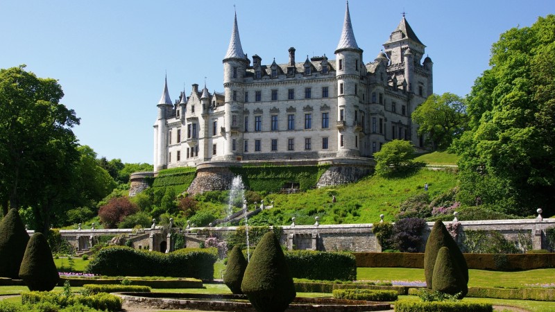 шотландия, замок, фонтан, сад, небо, зеленый, зелень, путешествие (horizontal)