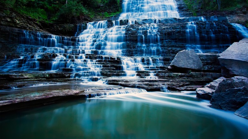 водопад, 4k, HD, озеро, вода, камни, природа, синий, голубой (horizontal)
