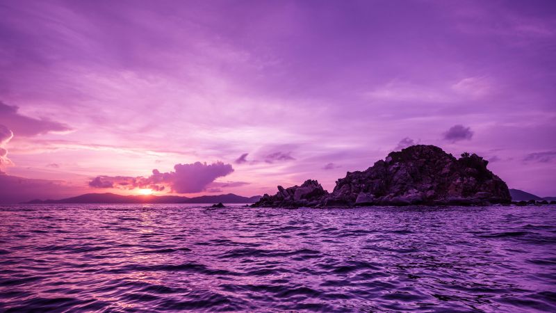Пеликаны, острова, закат, пурпурный (horizontal)