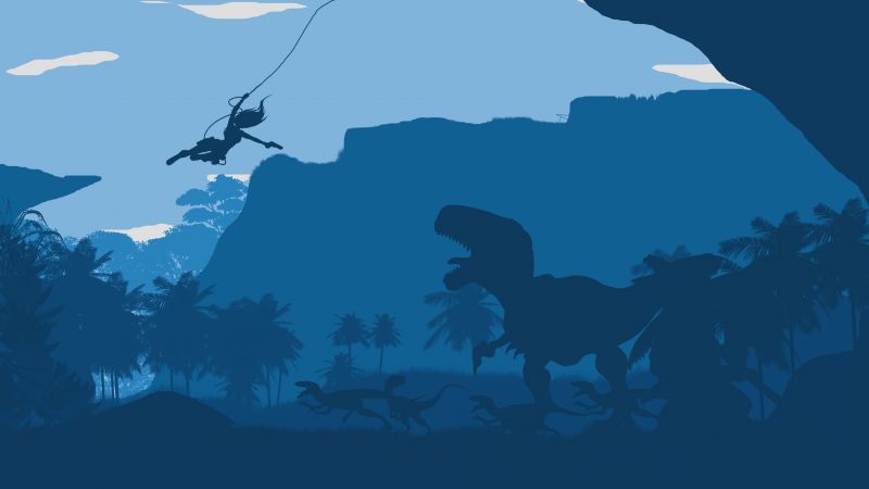 томб рейдера, лес, динозавр, голубой (horizontal)