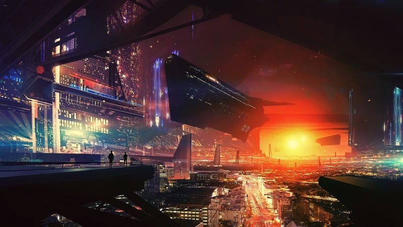 космический корабль, город будущего (horizontal)