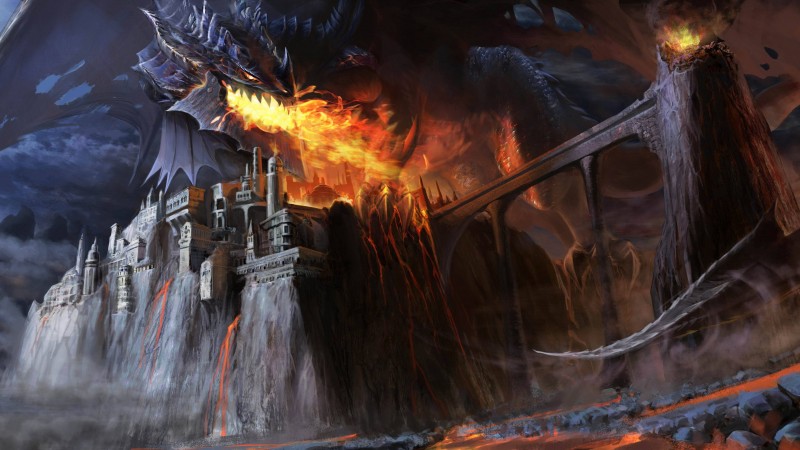 дракон, черный, огонь, замок, мост, лава, дым, фентези, арт (horizontal)