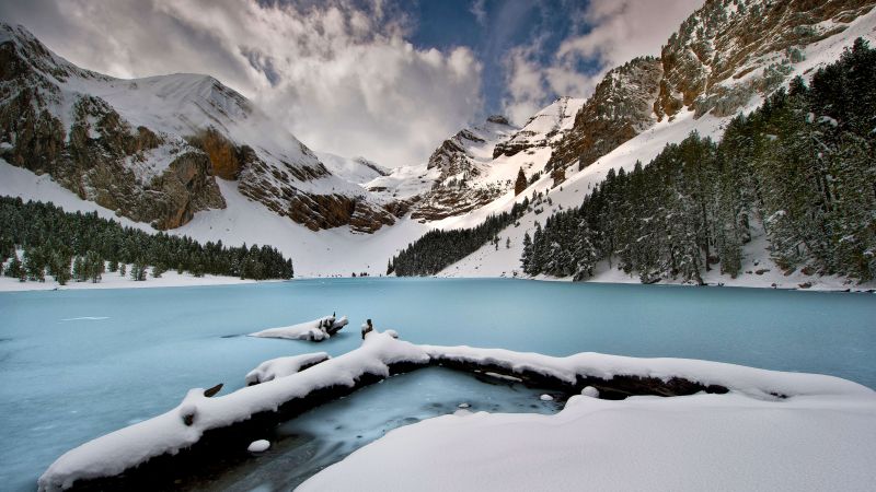горы, снег, озеро, зима (horizontal)