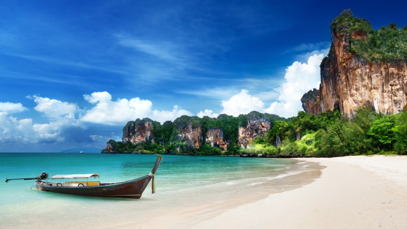 Краби, HD, 4k, пляж, Тайланд, Лучшие пляжи 2017, туризм, путешествие, курорт, небо, лодка, песок (horizontal)