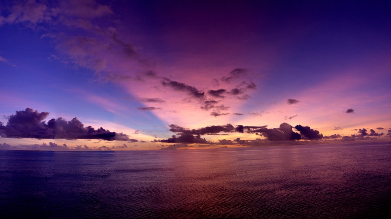 Тихий океан, 5k, 4k, закат, фиолетовый, лучи, облака (horizontal)