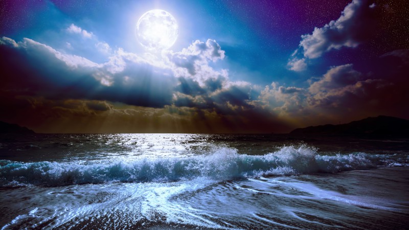 Море, 5k, 4k, 8k, луна, облака, небо (horizontal)